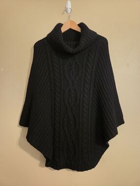 AUTUMN CASHMERE Black Cable Knit 100% Cashmere Cowl Neck Sweater Poncho Size S
